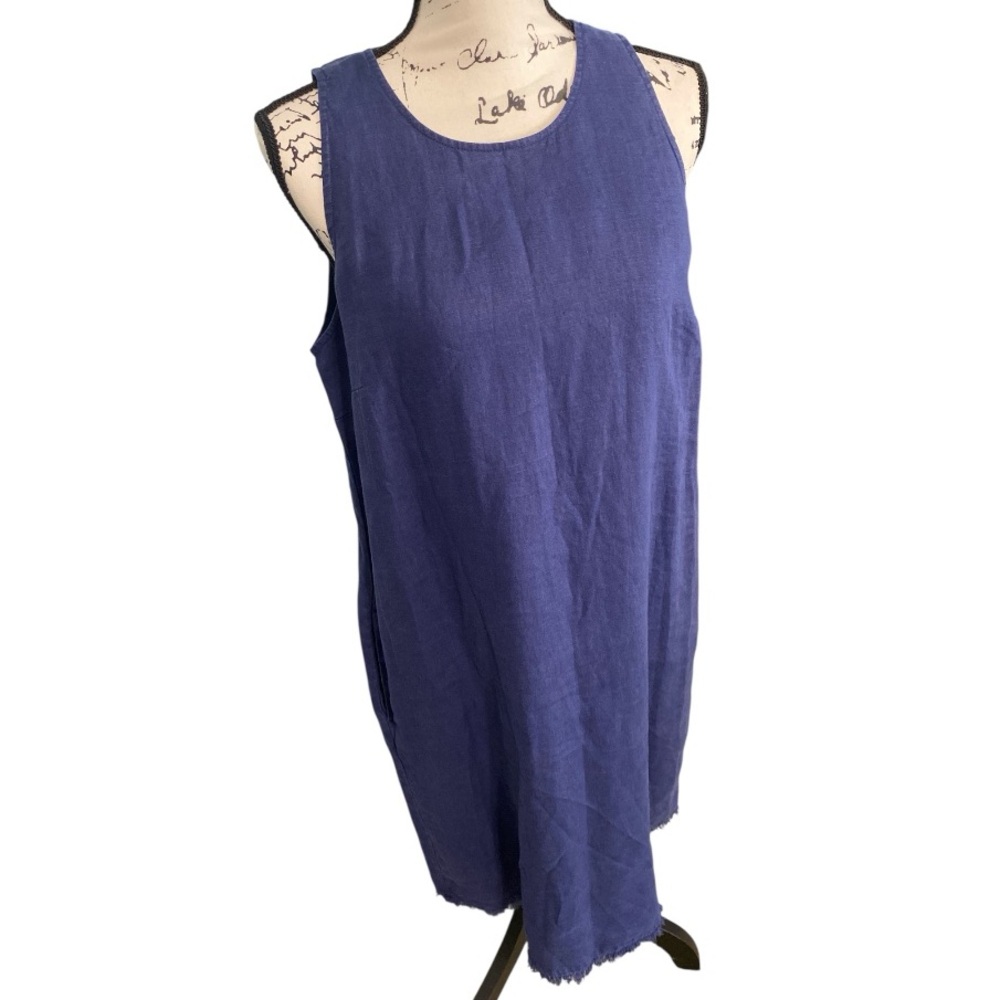Tommy Bahama NWT Luxe Linen Navy Blue Raw Edge Sleeveless Midi Dress Pockets M